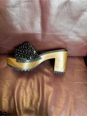 Jessica Simpson Black Beaded Mule with Wood-Effect Block Heel